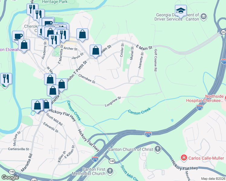 map of restaurants, bars, coffee shops, grocery stores, and more near 381 Cherokee Street in Canton