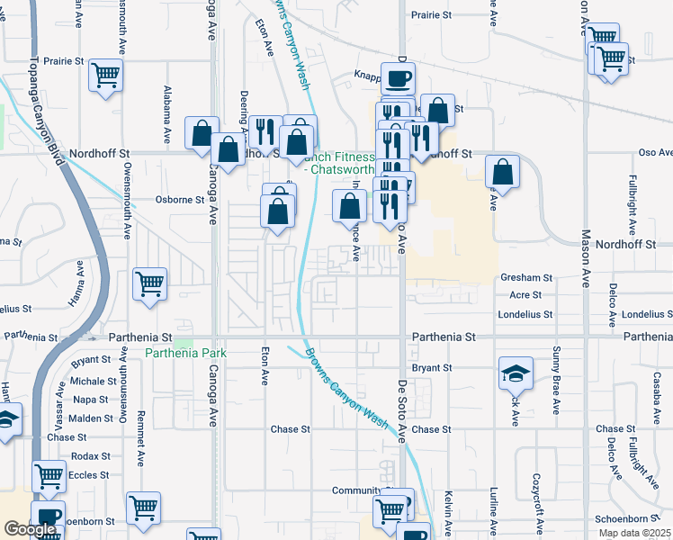 map of restaurants, bars, coffee shops, grocery stores, and more near 21011 Gresham Street in Los Angeles