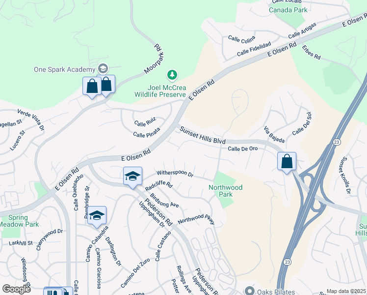 map of restaurants, bars, coffee shops, grocery stores, and more near 1224 Calle De Oro in Thousand Oaks