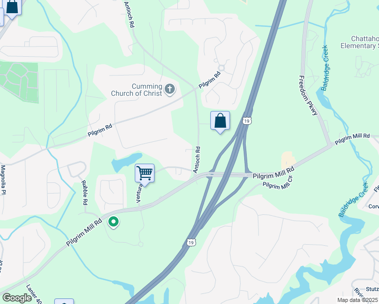 map of restaurants, bars, coffee shops, grocery stores, and more near 2700 Antioch Road in Cumming