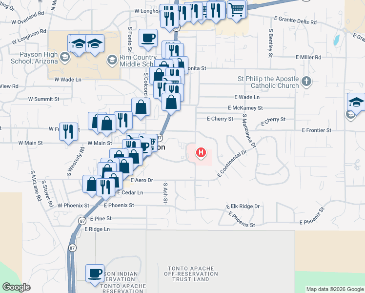 map of restaurants, bars, coffee shops, grocery stores, and more near 202 East Lone Pine Drive in Payson
