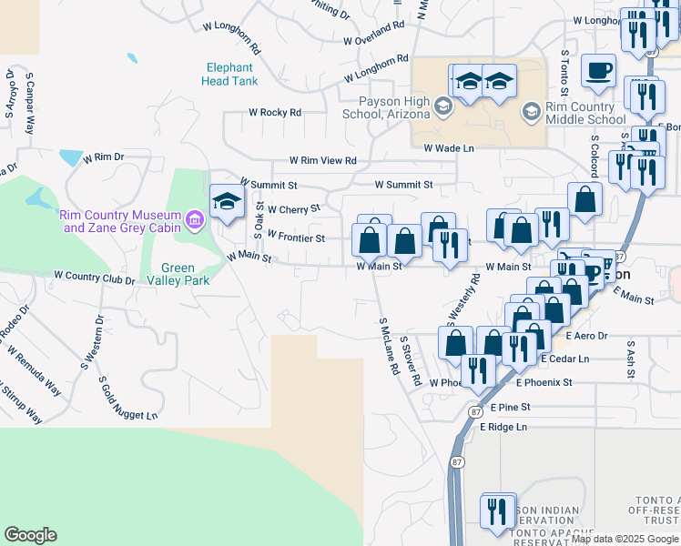 map of restaurants, bars, coffee shops, grocery stores, and more near 606 West Main Street in Payson