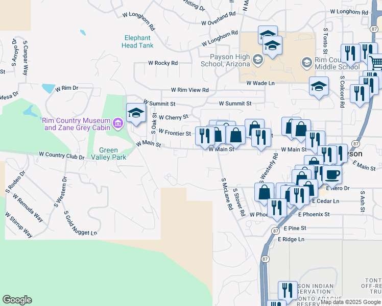 map of restaurants, bars, coffee shops, grocery stores, and more near 702 West Main Street in Payson