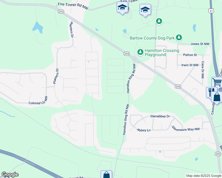 map of restaurants, bars, coffee shops, grocery stores, and more near 315 Lucyanna Lane in Cartersville