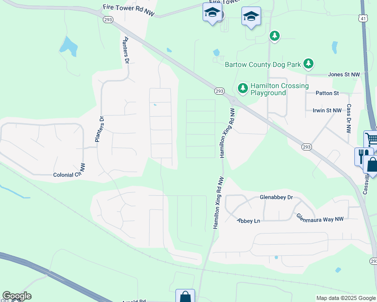 map of restaurants, bars, coffee shops, grocery stores, and more near 319 Lucyanna Lane in Cartersville