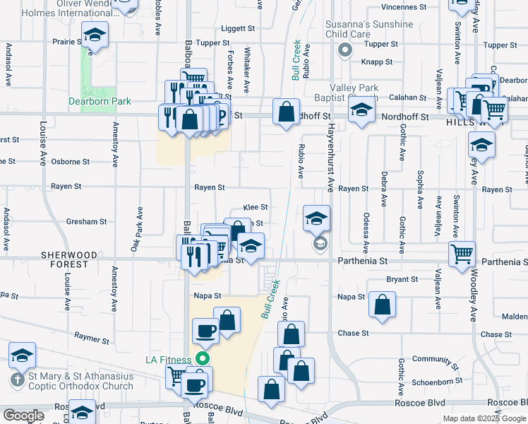 map of restaurants, bars, coffee shops, grocery stores, and more near 16752 Klee Street in Los Angeles
