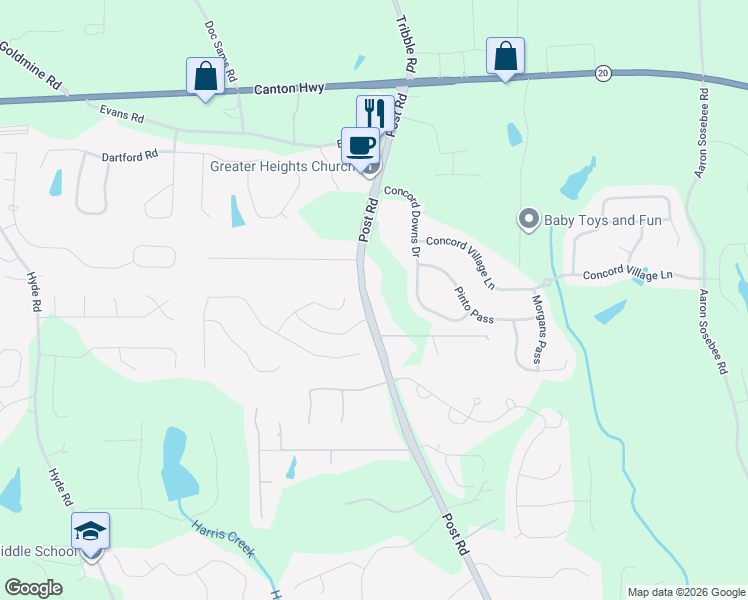 map of restaurants, bars, coffee shops, grocery stores, and more near 3935 Post Road in Cumming