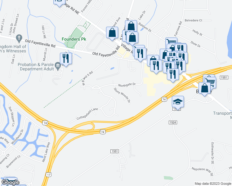 map of restaurants, bars, coffee shops, grocery stores, and more near 1011 Stony Woods Drive in Leland