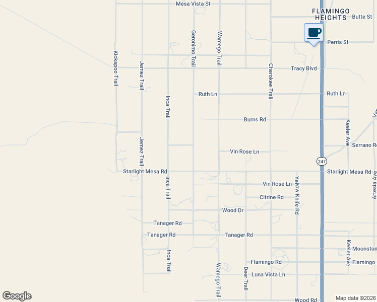 map of restaurants, bars, coffee shops, grocery stores, and more near 1240 Geronimo Trail in Yucca Valley