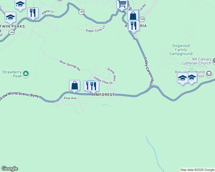 map of restaurants, bars, coffee shops, grocery stores, and more near 26652 Valley View Drive in Rimforest