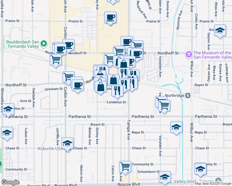 map of restaurants, bars, coffee shops, grocery stores, and more near 19356 Business Center Drive in Los Angeles