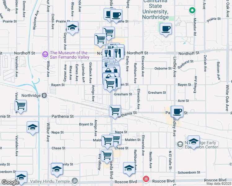 map of restaurants, bars, coffee shops, grocery stores, and more near 8824 Reseda Boulevard in Los Angeles