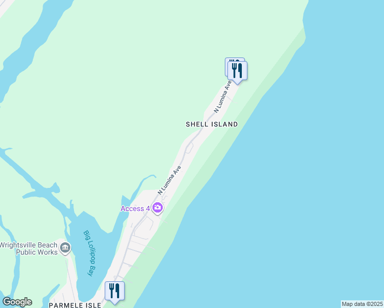 map of restaurants, bars, coffee shops, grocery stores, and more near 2513 North Lumina Avenue in Wrightsville Beach