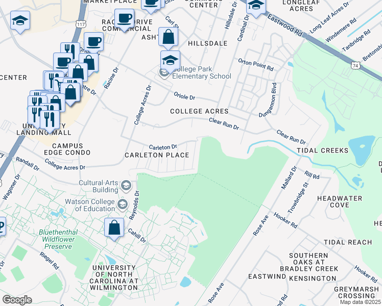 map of restaurants, bars, coffee shops, grocery stores, and more near 5325 Christian Drive in Wilmington