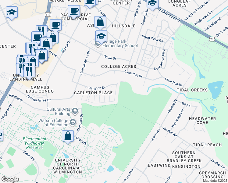 map of restaurants, bars, coffee shops, grocery stores, and more near 5325 Christian Drive in Wilmington