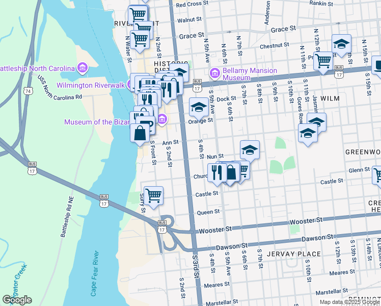 map of restaurants, bars, coffee shops, grocery stores, and more near 306 South 4th Street in Wilmington