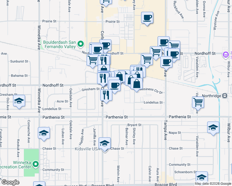map of restaurants, bars, coffee shops, grocery stores, and more near 8741 Corbin Avenue in Los Angeles
