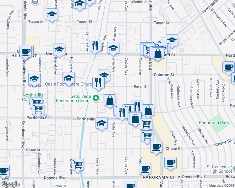 map of restaurants, bars, coffee shops, grocery stores, and more near 8834 Willis Avenue in Los Angeles
