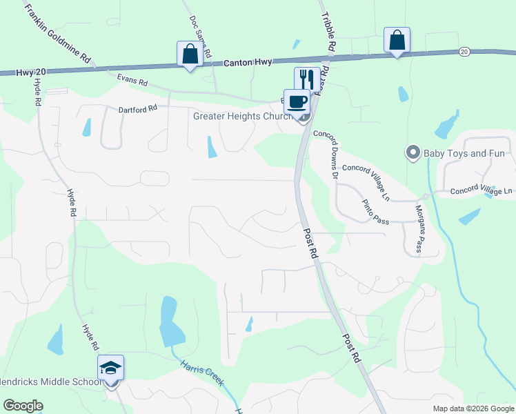 map of restaurants, bars, coffee shops, grocery stores, and more near 3955 Derby Drive in Cumming