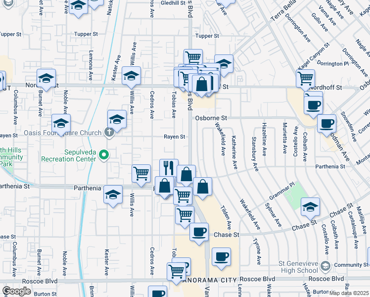 map of restaurants, bars, coffee shops, grocery stores, and more near 8831 Van Nuys Boulevard in Los Angeles