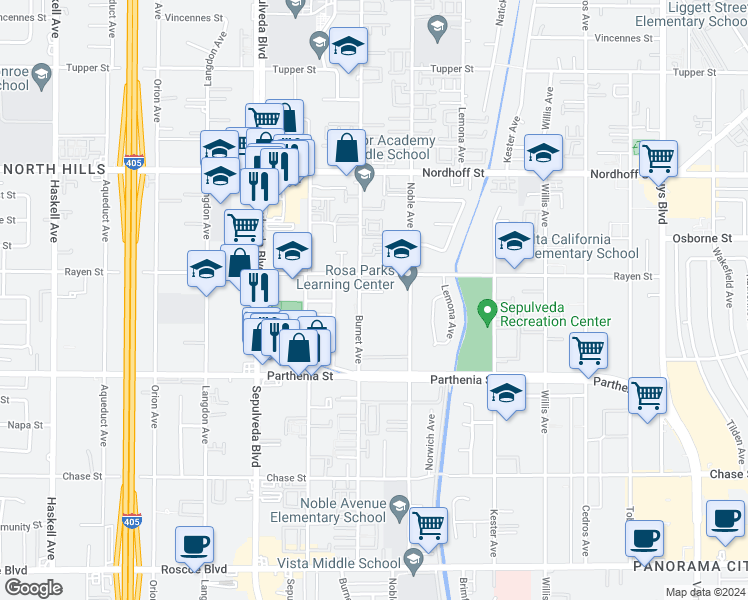 map of restaurants, bars, coffee shops, grocery stores, and more near 8828 Burnet Avenue in North Hills