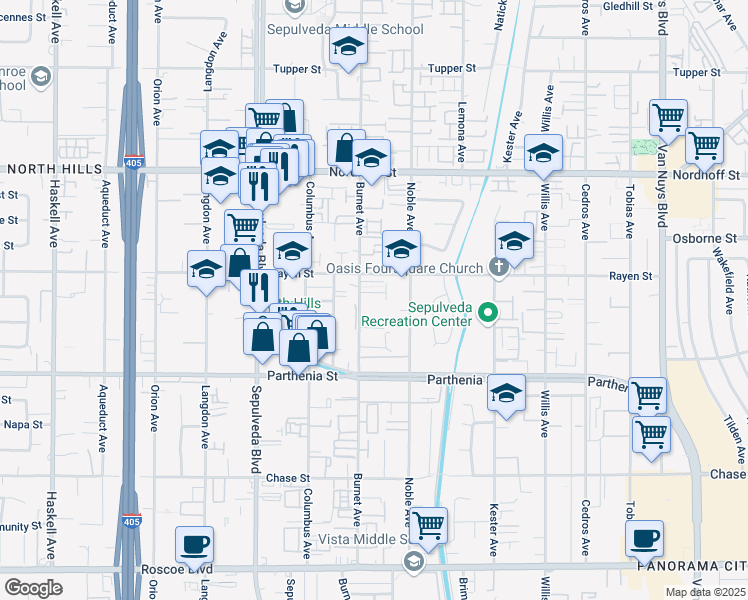 map of restaurants, bars, coffee shops, grocery stores, and more near 8828 Burnet Avenue in Los Angeles