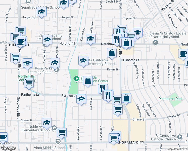 map of restaurants, bars, coffee shops, grocery stores, and more near 8834 Willis Avenue in Los Angeles