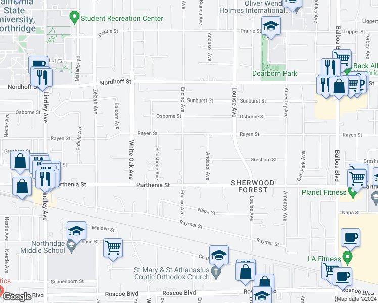 map of restaurants, bars, coffee shops, grocery stores, and more near 8820 Encino Avenue in Los Angeles