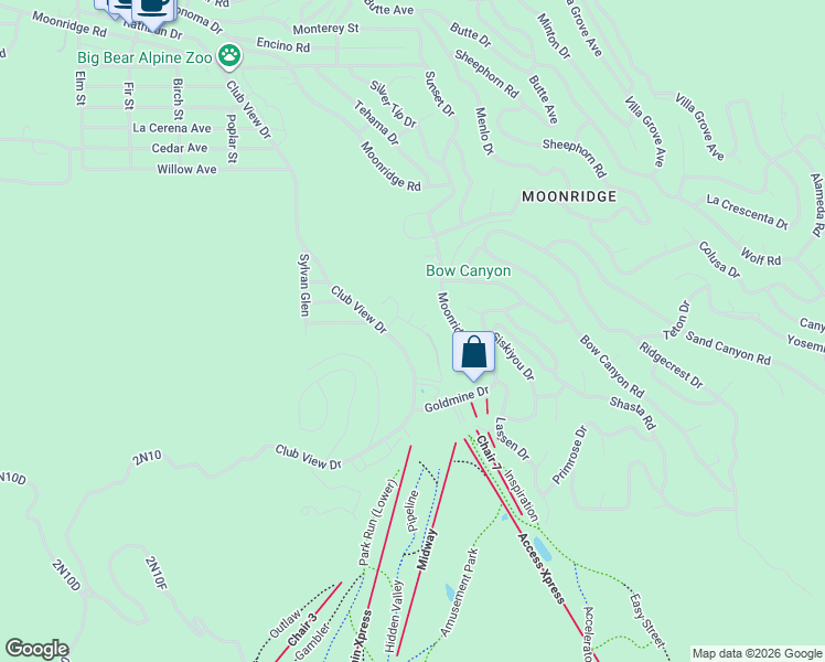 map of restaurants, bars, coffee shops, grocery stores, and more near 1185 Bear Meadows Lane in Big Bear Lake