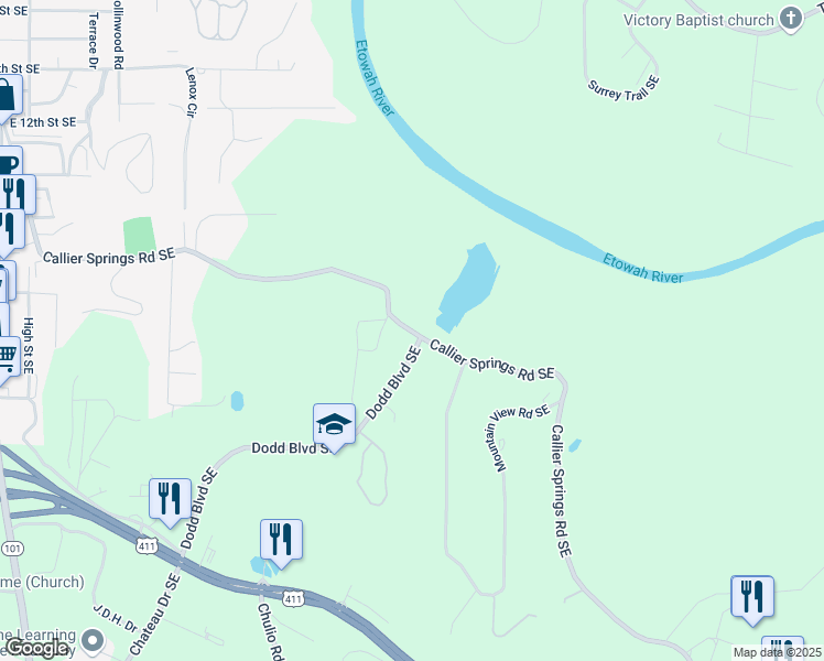 map of restaurants, bars, coffee shops, grocery stores, and more near 2692 Callier Springs Road Southeast in Rome