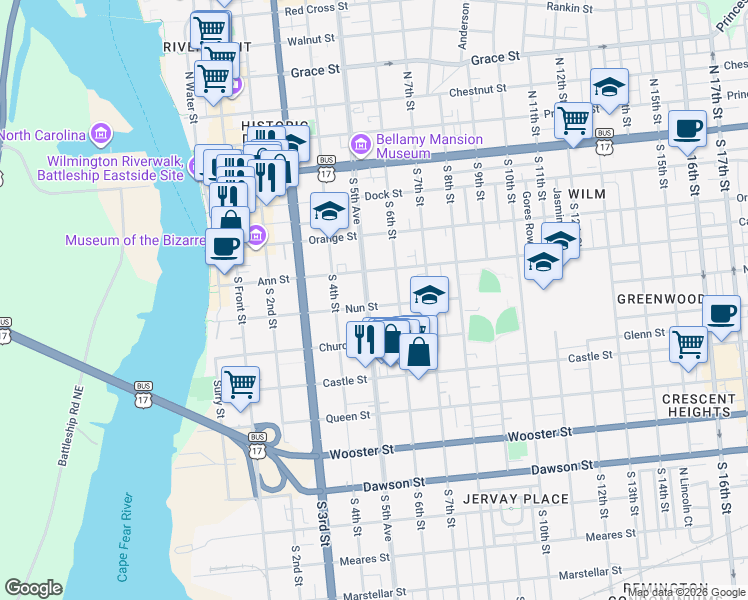 map of restaurants, bars, coffee shops, grocery stores, and more near in Wilmington