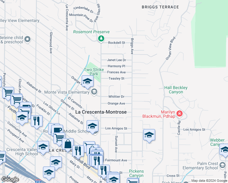 map of restaurants, bars, coffee shops, grocery stores, and more near 2507 Whittier Drive in La Crescenta-Montrose