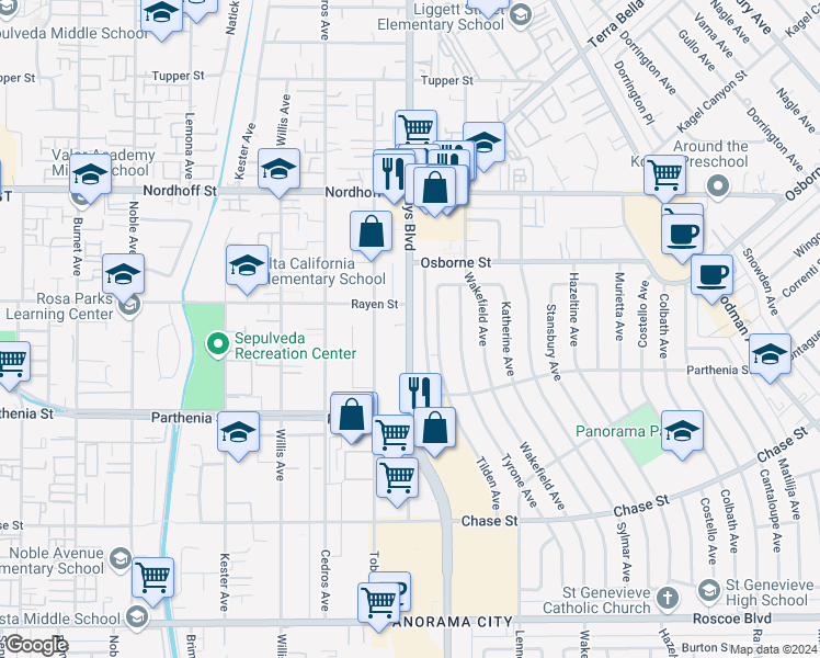 map of restaurants, bars, coffee shops, grocery stores, and more near 8800 Cedros Avenue in Los Angeles
