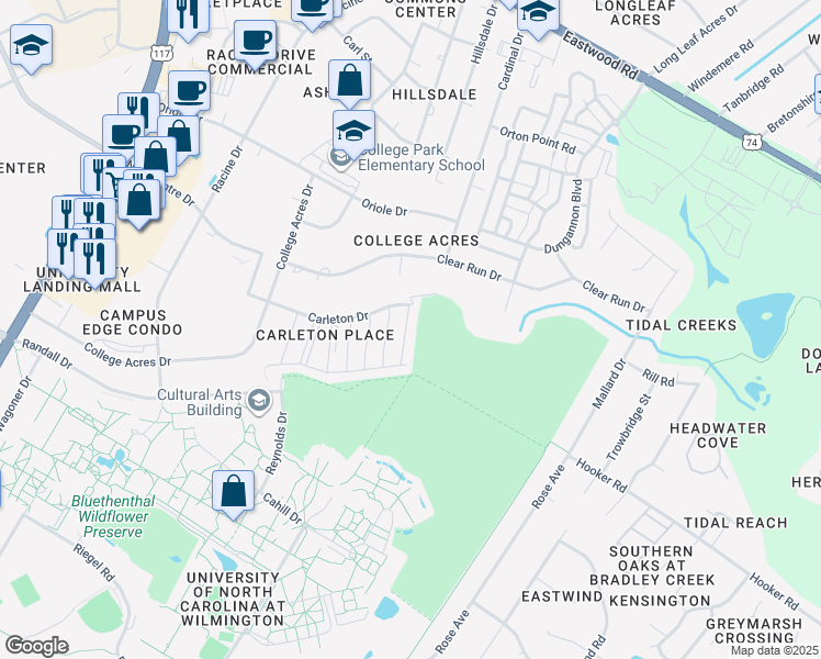 map of restaurants, bars, coffee shops, grocery stores, and more near 5344 Christian Drive in Wilmington