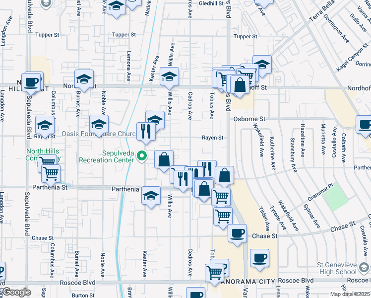 map of restaurants, bars, coffee shops, grocery stores, and more near 14696 Rayen Street in Los Angeles