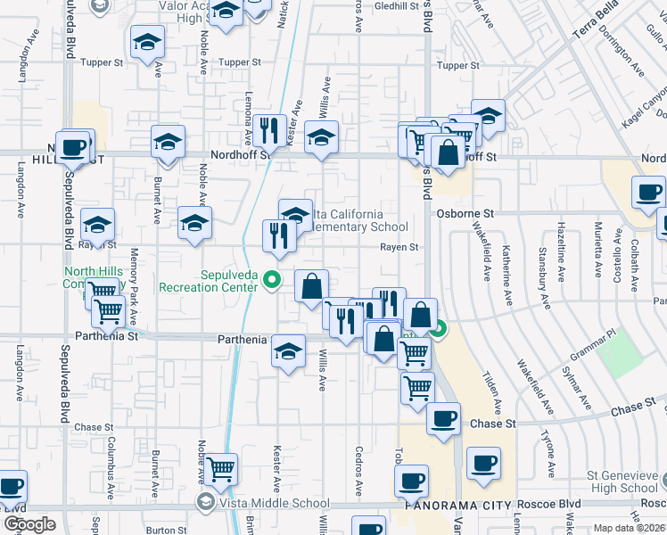 map of restaurants, bars, coffee shops, grocery stores, and more near 8846 Willis Avenue in Los Angeles