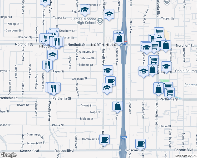 map of restaurants, bars, coffee shops, grocery stores, and more near 15833 Gresham Street in Los Angeles