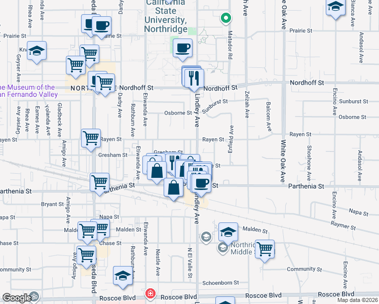 map of restaurants, bars, coffee shops, grocery stores, and more near 8847 Chimineas Avenue in Los Angeles