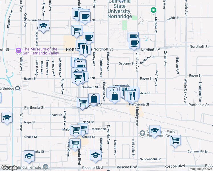 map of restaurants, bars, coffee shops, grocery stores, and more near 18256 Rayen Street in Los Angeles