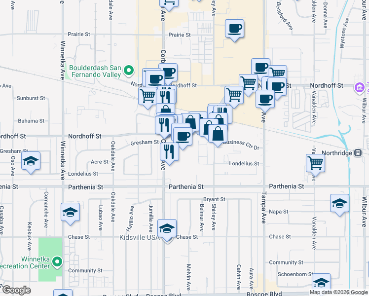 map of restaurants, bars, coffee shops, grocery stores, and more near 19529 Business Center Drive in Los Angeles