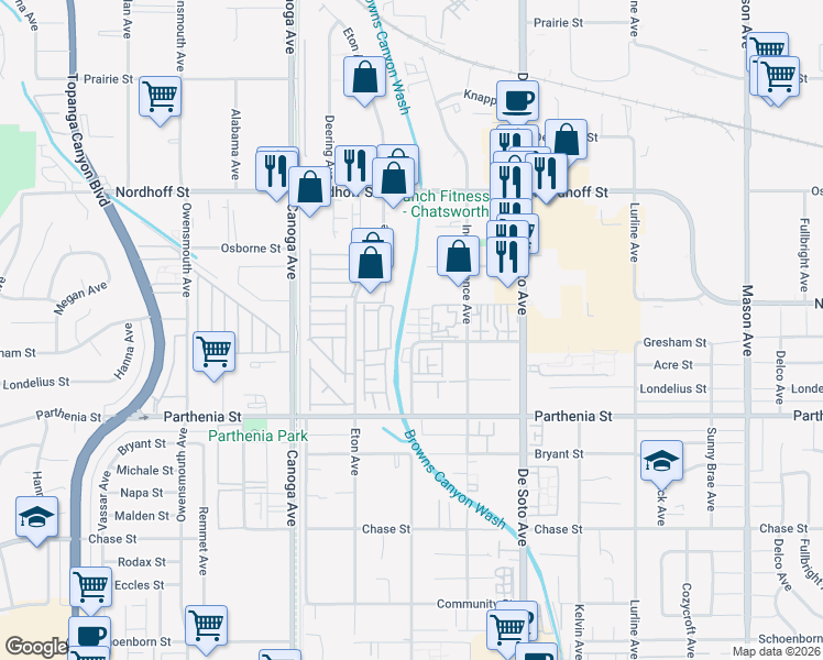 map of restaurants, bars, coffee shops, grocery stores, and more near 8800 Eton Avenue in Los Angeles