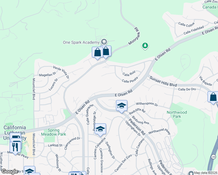 map of restaurants, bars, coffee shops, grocery stores, and more near 777 Rushing Creek Place in Thousand Oaks