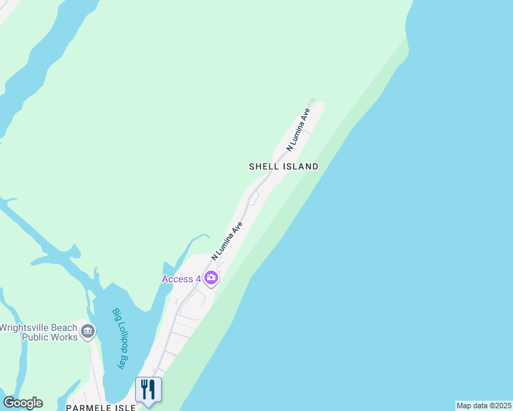 map of restaurants, bars, coffee shops, grocery stores, and more near 2513 North Lumina Avenue in Wrightsville Beach