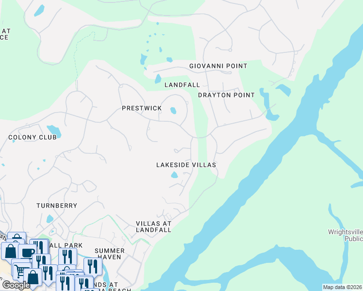 map of restaurants, bars, coffee shops, grocery stores, and more near 1321 Pembroke Jones Drive in Wilmington