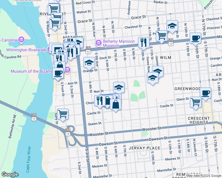 map of restaurants, bars, coffee shops, grocery stores, and more near in Wilmington