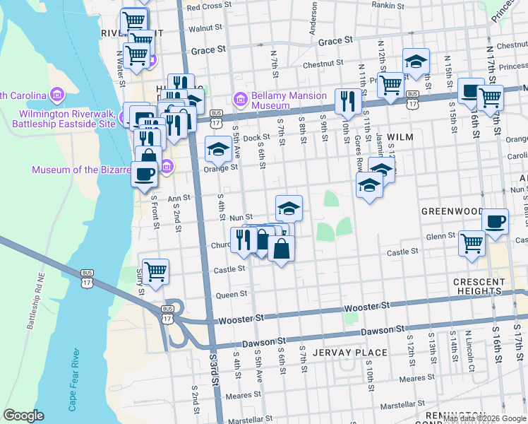 map of restaurants, bars, coffee shops, grocery stores, and more near in Wilmington