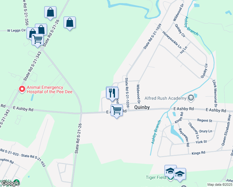 map of restaurants, bars, coffee shops, grocery stores, and more near 113 Dogwood Lane in Quinby
