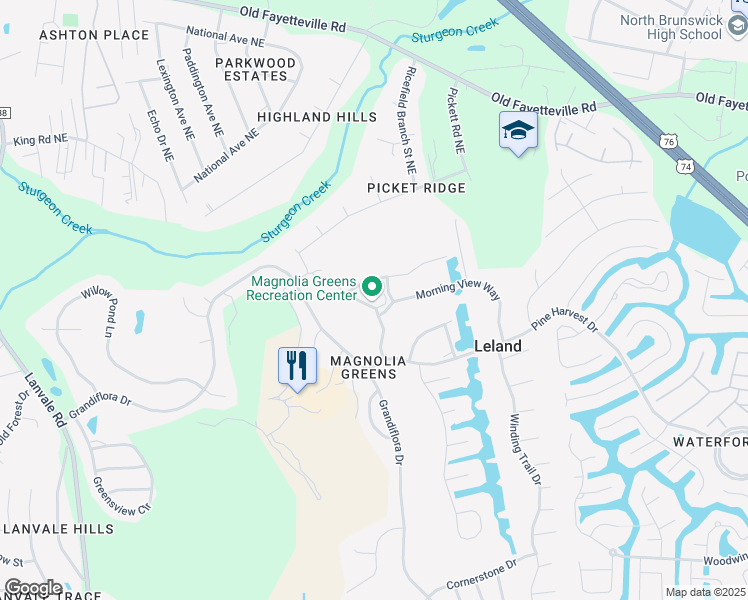 map of restaurants, bars, coffee shops, grocery stores, and more near 141 Bentgreen Drive in Leland