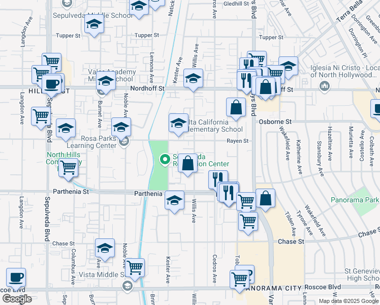 map of restaurants, bars, coffee shops, grocery stores, and more near 8847 Willis Avenue in Los Angeles