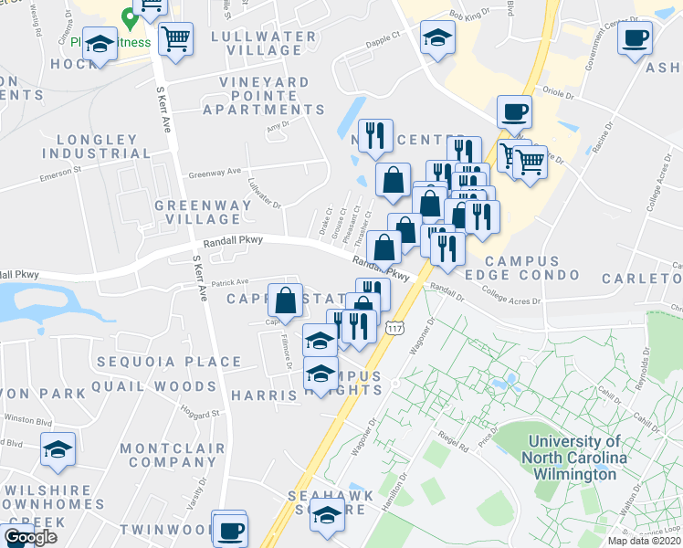 map of restaurants, bars, coffee shops, grocery stores, and more near 455 Pepys Lane in Wilmington